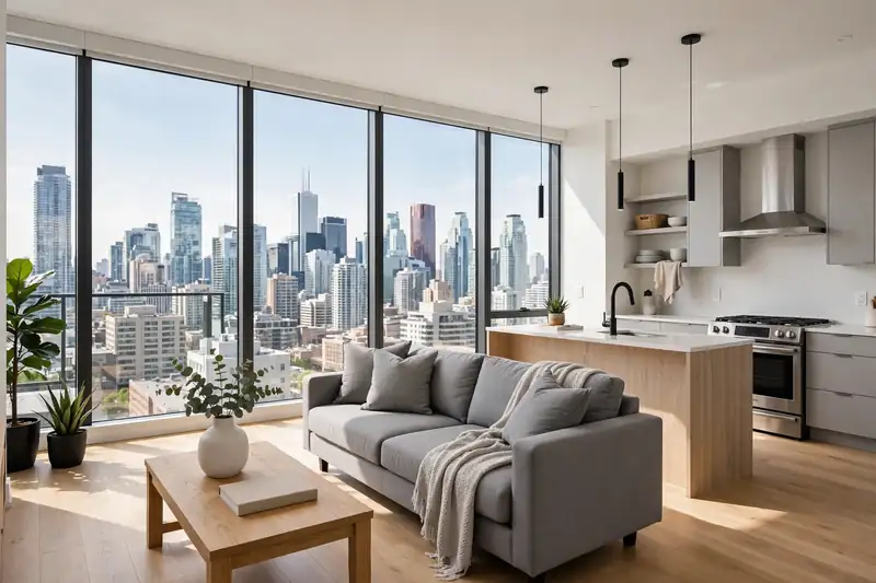 Condo living room in Liberty Village, Toronto, with downtown towers beyond floor-to-ceiling windows