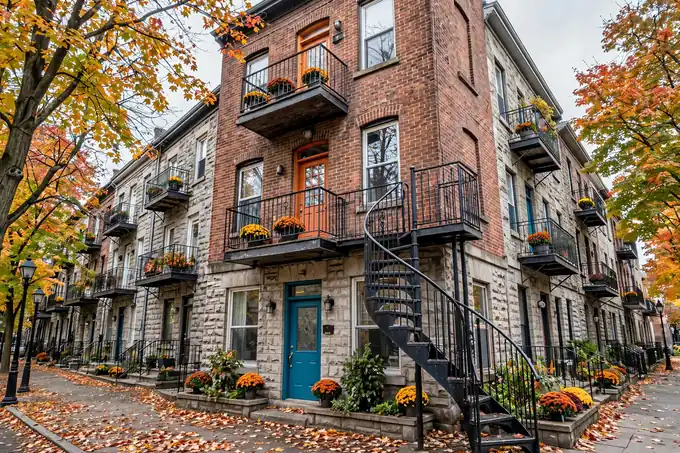 Red-brick triplex in Le Plateau, Montréal, with its signature exterior winding staircase